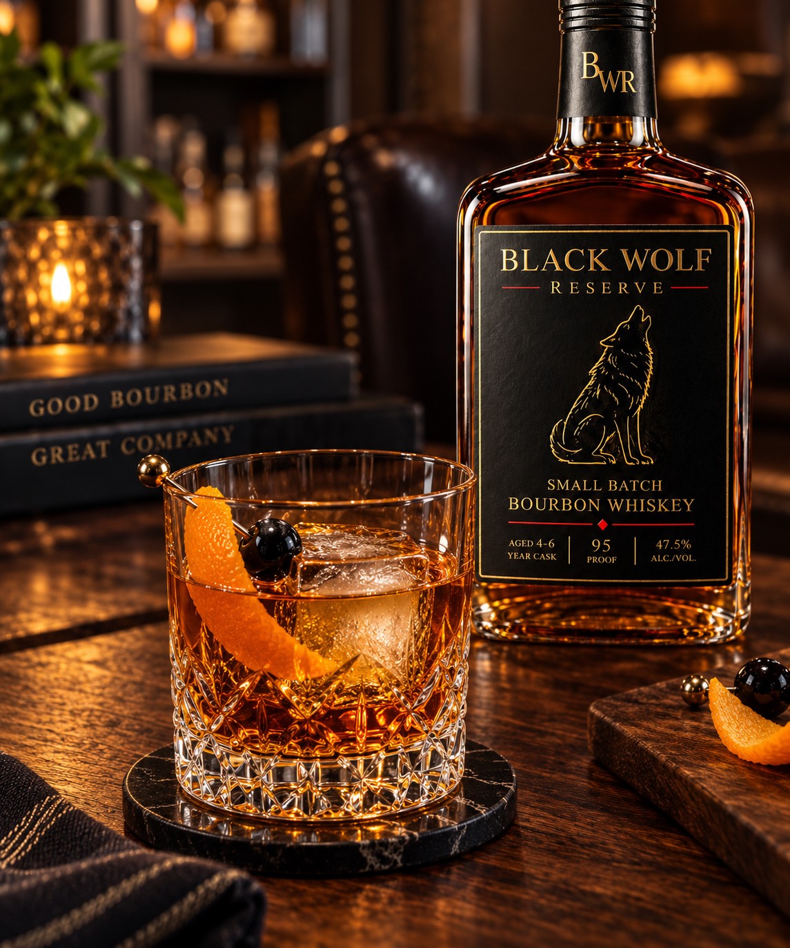 Black Wolf Reserve Old Fashioned with orange peel and bottle